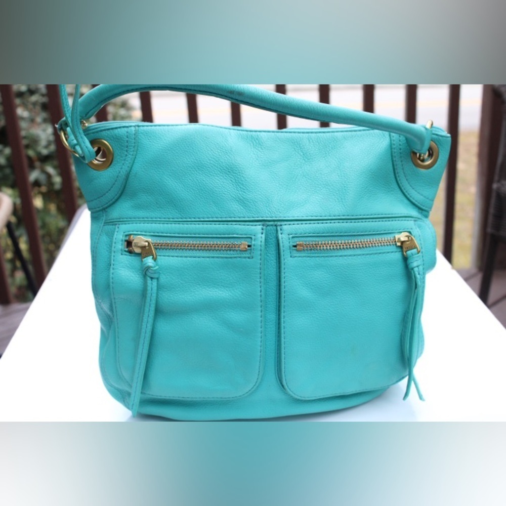 Fossil Teal Leather Hobo Shoulder Bag with Gold-Tone Hardware